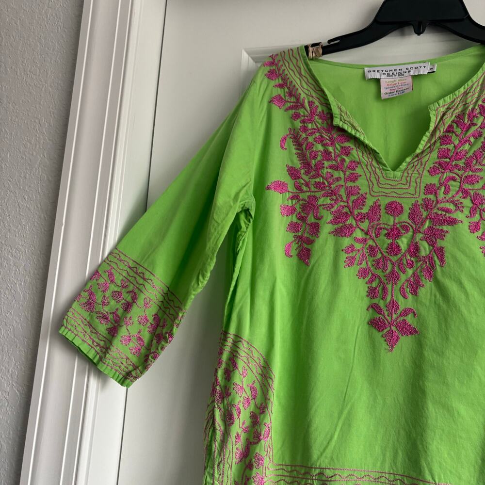 Gretchen Scott Embroidered Tunic Top Sz S Green Pink Cotton 3/4 Sleeve Coastal - Picture 6 of 9